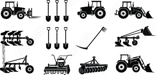 Black silhouettes of agricultural machinery set, vector collection of farm tractors, plows, shovels, and gardening tools, isolated on white background for design.