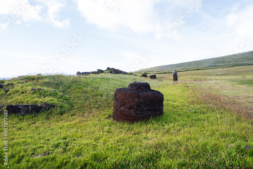 Afu-Vinapu's Pukao, with a female moai behind it and Site No. 2, Easter Island, November 2025