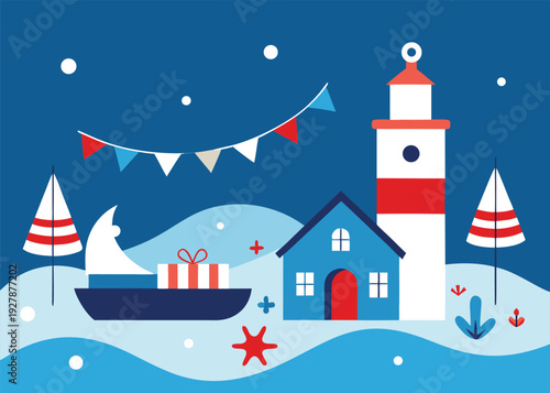 A festive winter coastal scene depicts a lighthouse, house, boat with a gift, and snow with bunting.