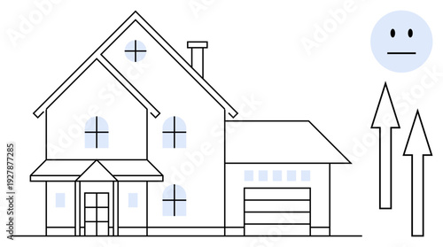 Real estate trends, property investment, market analysis, homeownership, price growth, housing development. Minimalist house drawing with upward arrows and neutral face. Real estate trends