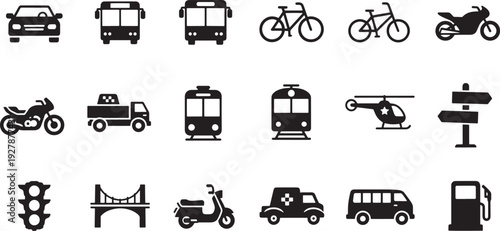 A comprehensive collection of clean, modern black vector icons representing various modes of transportation, ideal for web design, infographics, and presentations.