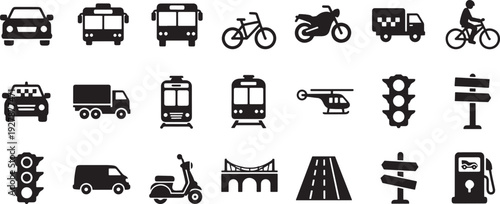 Set of Black Transportation Icons: Cars, Buses, Bikes, Motorcycles, Helicopter, Train, Taxi, Ambulance, Traffic Light, Bridge.