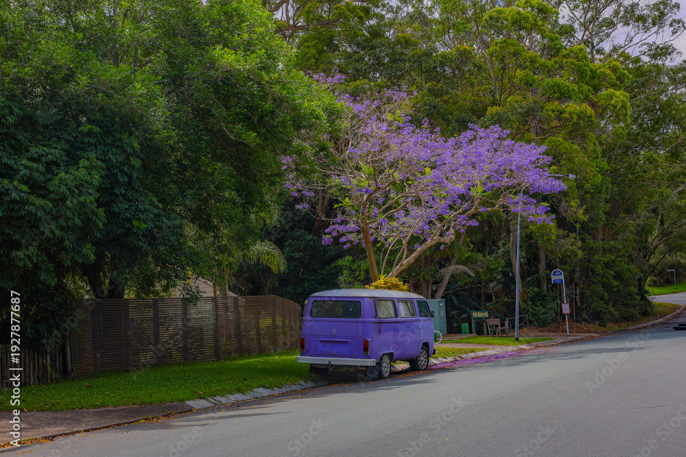 Obraz premium A purple van under a tree, purple flowers, in spring.