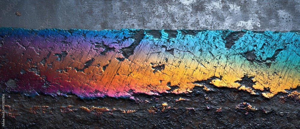 Naklejka premium Colorful oil slick on asphalt with a cracked texture