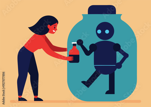 A woman offers a bottle to a robot with glowing eyes dancing inside a transparent jar.