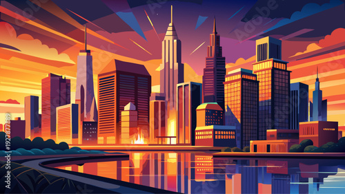 Very beautiful sunset portrait of downtown Chicago cityscape, glowing glass towers reflecting warm orange light, dramatic sky framing the iconic skyline above the Chicago River.