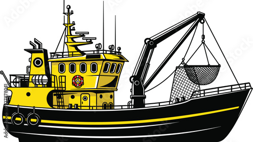 Industrial fishing trawler boat with crane and net isolated on white background, detailed black and yellow vector illustration for maritime industry