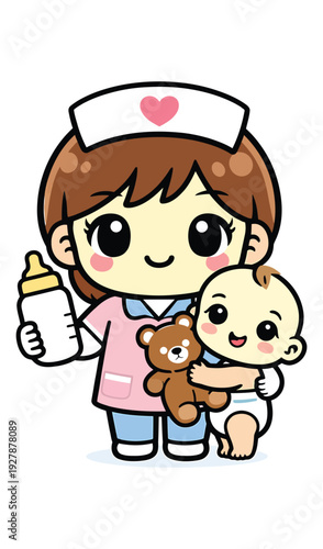 Cute Pediatric Nurse Mascot Holding Baby and Bottle   Chibi Medical Cartoon Flat Vector Isolated on White Background