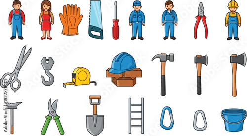 Set of construction worker characters and various industrial hand tools for home renovation and maintenance design vector