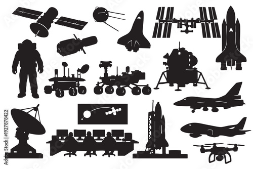 Space Technology, Satellites and Aerospace Equipment Black Silhouette Set