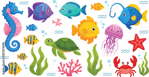 Cute sea animals vector set with colorful fish, turtle, jellyfish, crab, and seahorse for kids ocean and marine life design