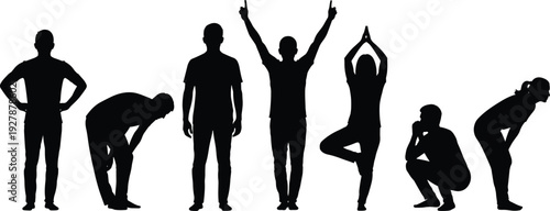 Man silhouette collection in different standing, stretching and thinking poses isolated on white background, black vector illustration set of human postures