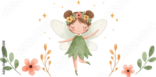 A beautiful princess with magic wings and a pink dress artfully sits like a butterfly on a flower in a fantasy vector illustration