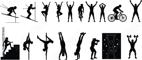 Black silhouettes of people doing sports and fitness activities set, vector collection of athletes training, cycling, skiing, and gym exercises.