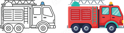 Fire truck vector illustration with outline and colored emergency vehicle for rescue service, firefighting, and safety transport design