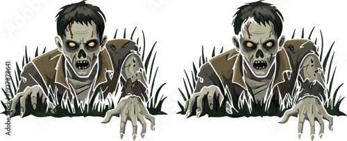 Cartoon crawling zombie characters, glowing yellow eyes, pale green skin, tattered clothes, horror theme illustration, Halloween vector art, creepy outdoor design, flavector