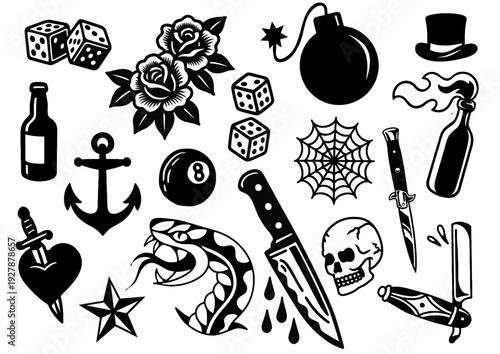 Old School Traditional Tattoo Flash Vector Stencil Black Ink Vintage American Tattoo Designs Set