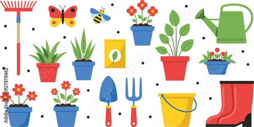 Gardening tools and plants vector set with flowers, pots, watering can, and boots for garden work and spring hobby design