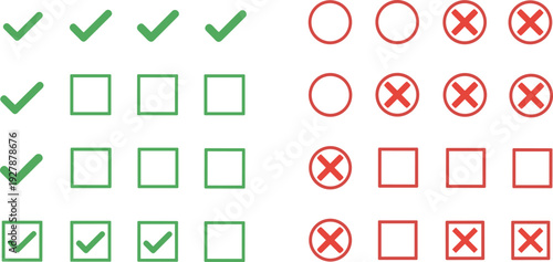 Green check marks and red cross icons vector set for approval, rejection, and form validation user interface design