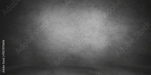 Dark grunge wall background featuring a textured black concrete surface with a rough vintage stone pattern and a dirty gray paper design for an empty room backdrop