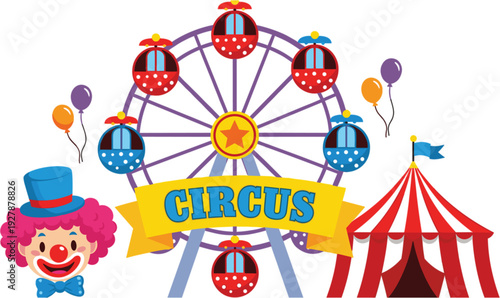 Colorful circus theme vector elements featuring a ferris wheel tent and a friendly clown for entertainment design