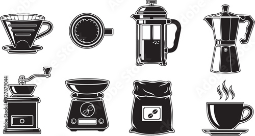 Coffee Brewing Equipment Icon Set – French Press, Moka Pot, Dripper, Grinder and Espresso Tools Black Silhouette Collection for Cafe Branding