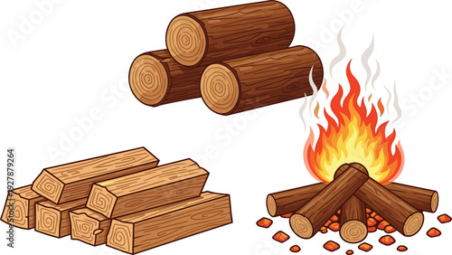 Firewood logs and blazing campfire illustration set, stacked timber pieces in cartoon vector style, isolated on white background for camping