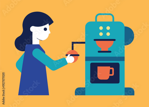 Woman in blue holds an orange pod next to a teal AI coffee machine on an orange background.