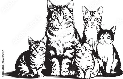 Five domestic cats and kittens of various sizes and fur patterns sitting together in a family group