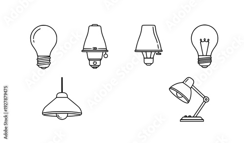 Minimal Flat Lamp Icon Set Vector – Idea and Lighting Symbols
