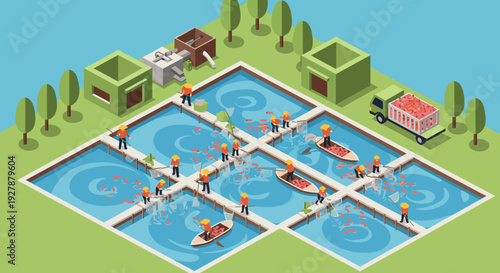 Isometric Swimming Pool Scene with People.