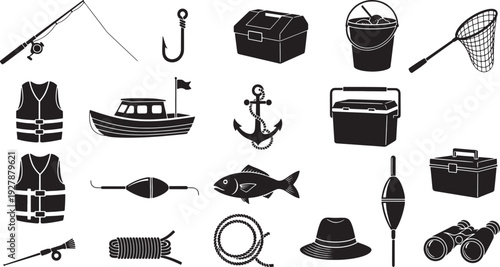 Fishing Gear Vector Icons Set: Rod, Reel, Tackle Box, Boat, Net, Life Vest, Anchor, Fish, Cooler, Binoculars