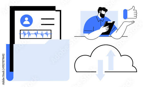 Digital storage, online approval, data sharing, healthcare records, digital workflow, file management. Document with data, man holding tablet cloud and thumbs-up icon. Digital storage and online