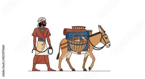 Man Walking Beside a Loaded Donkey.