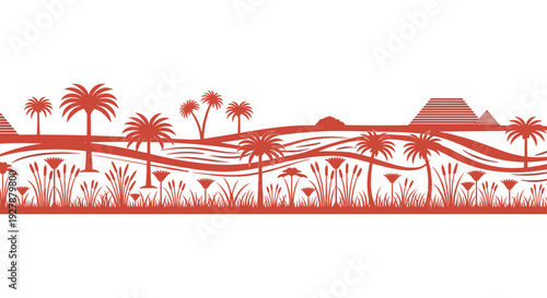 Red Palm Trees and Hills Illustration.
