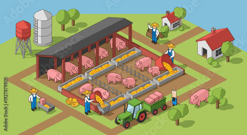 Pig Farm with Tractor and Workers.