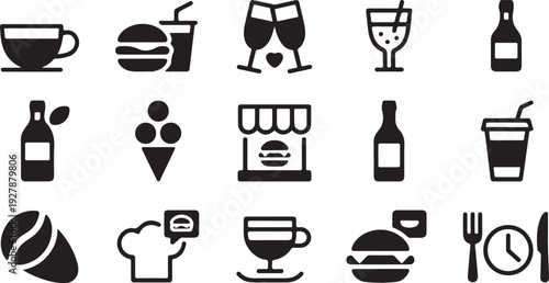 Extensive collection of black and white food, drink, and restaurant themed icons and symbols