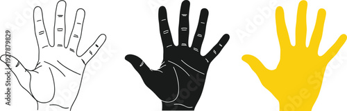Open hand palm vector set with outline, silhouette, and flat styles for gesture symbol, touch interface, and human anatomy design