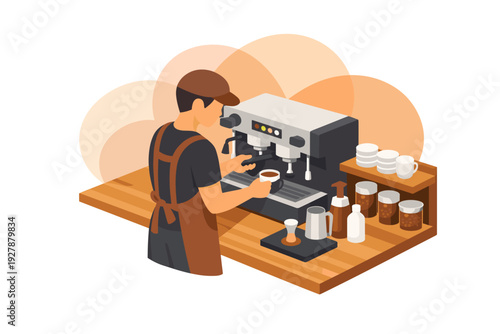 Barista making coffee with espresso machine and ingredients.