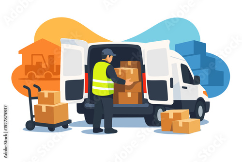 Delivery man loading boxes into a white van for transport.