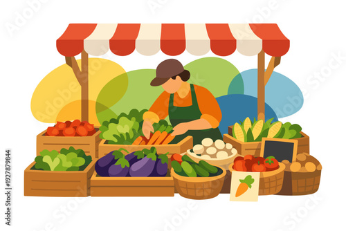 Farmer selling fresh produce at outdoor market stall.