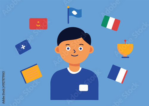 Young male student learning international languages, surrounded by national flags, books, and study-related items on a solid blue background.