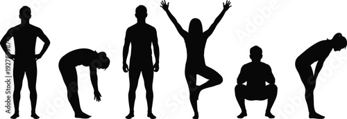 Men and women silhouette collection in standing, stretching and yoga poses isolated on white background, black vector illustration set of body postures