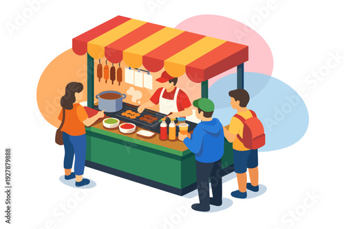 People buying food from a street food stall vendor.