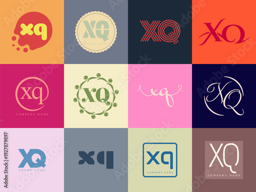XQ logo company template. Letter x and q logotype. Set different classic serif lettering and modern bold text with design elements. Initial font typography.