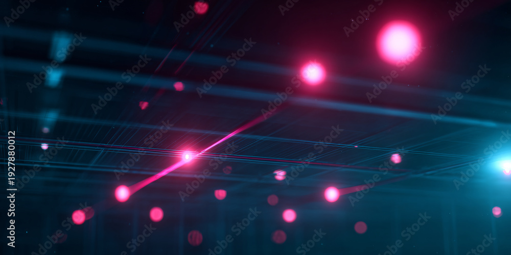 Fototapeta premium Abstract digital network of glowing pink nodes and blue grid lines, representing data flow and connectivity in a futuristic cyberspace