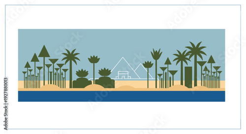 Tropical Palm Trees Beach Scene Illustration.