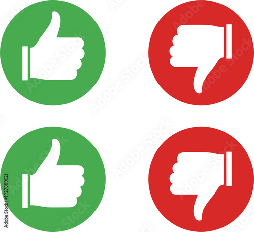 Thumbs up and thumbs down icon set in green and red circles vector illustration for feedback and rating design