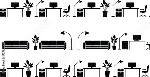 Modern office and living room furniture silhouettes set isolated on white background, black vector illustration of desks, sofas, lamps and plants