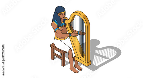 Woman Playing Harp Sitting on Stool.